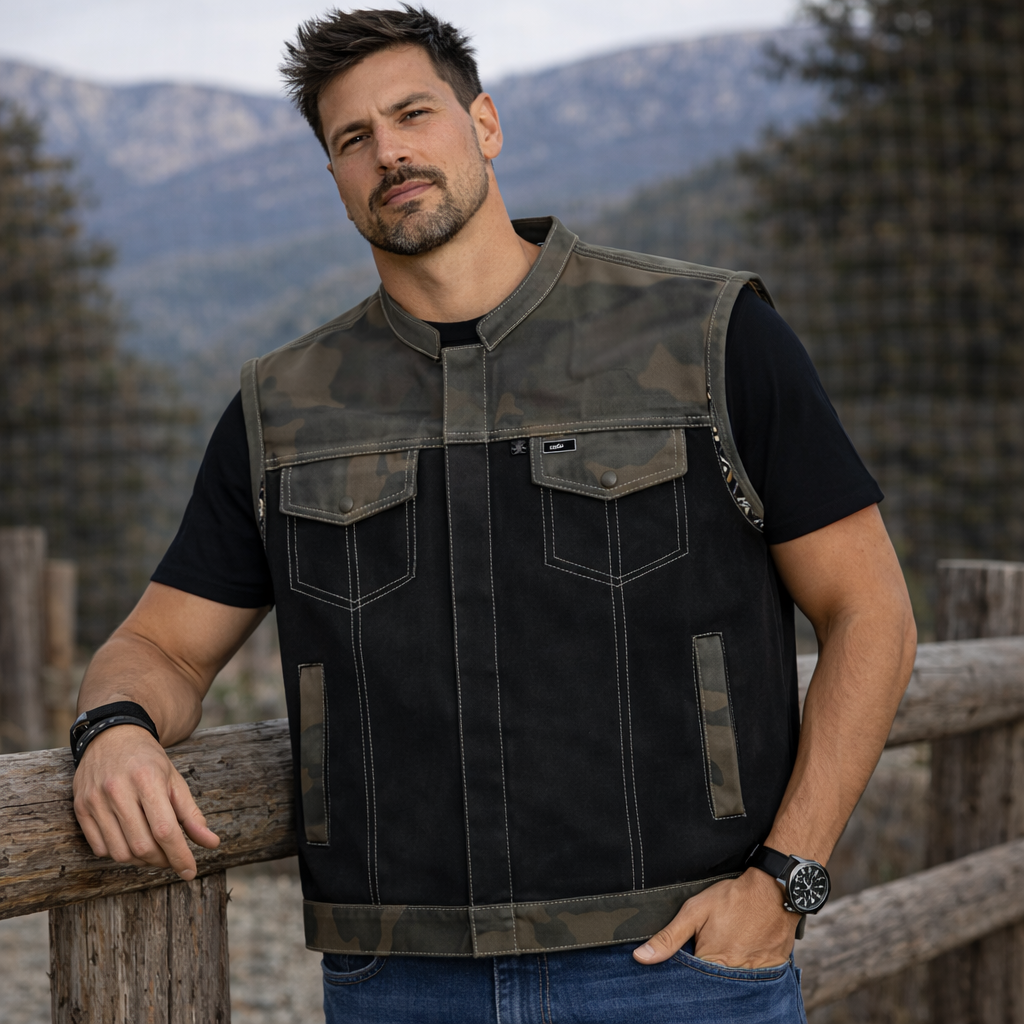 Men Leather Club Vest Cowhide Camo Green Canvas Leather Vest, Men Biker Leather Vest , Motorcycle Rider Waistcoat- Gift For Him Gift For Men