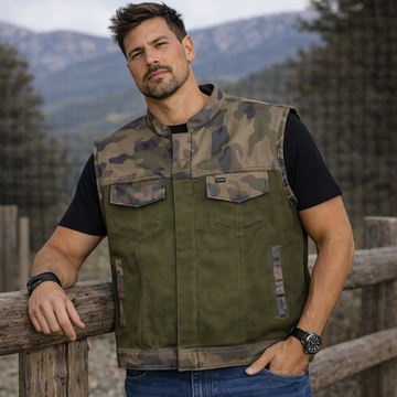Men Leather Club Vest Cowhide Camo Green Canvas Leather Vest, Men Biker Leather Vest , Motorcycle Rider Waistcoat- Gift For Him Gift For Men