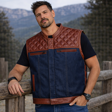 Men Leather Club Tan Brown & Blue Denim Leather Lases Vest Men Biker Leather Vest Motorcycle Rider Waistcoat Gift For Him Gift For Men
