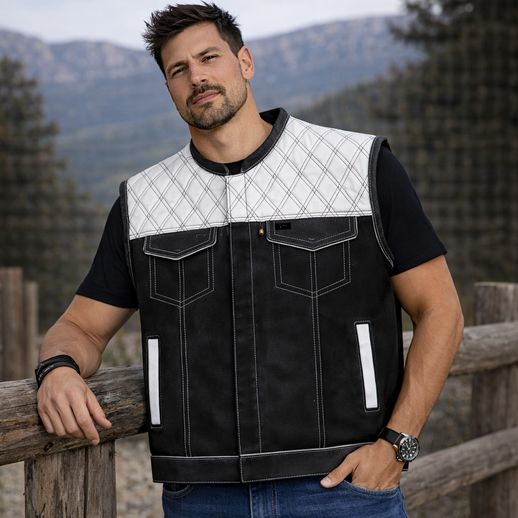 Men Leather Club Vest Diamond Quilted White & Black Leather Vest,Men Biker Leather Vest Motorcycle Rider Waistcoat Gift For Him Gift For Men