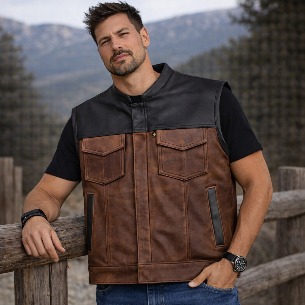 Men Leather Club Distress Brown & Black Leather Vest Men Biker Leather Vest Motorcycle Rider Waistcoat Gift For Him Gift For Men