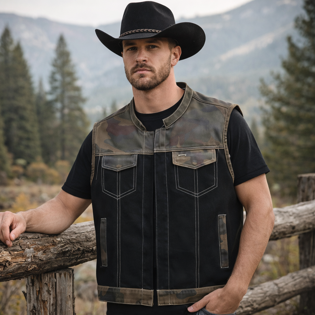 Men Leather Club Vest Cowhide Camo Green Canvas Leather Vest, Men Biker Leather Vest , Motorcycle Rider Waistcoat- Gift For Him Gift For Men