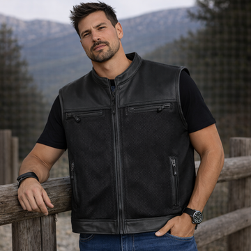 Men Leather Club Vest Perforated Mesh Leather Vest,Men Biker Leather Vest ,Motorcycle Rider Waistcoat- Gift For Him Gift For Men