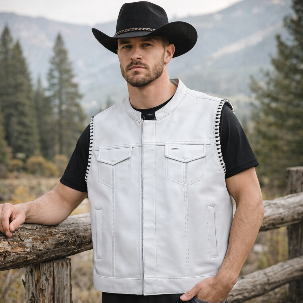 Men Leather Club Vest Cowhide White Braided Leather Vest, Men Biker Leather Vest , Motorcycle Rider Waistcoat- Gift For Him Gift For Men