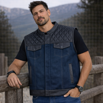 Men Leather Club Vest Diamond Quilted Leather Blue Canvas Vest,Men Biker Leather Vest Motorcycle Rider Waistcoat Gift For Him Gift For Men