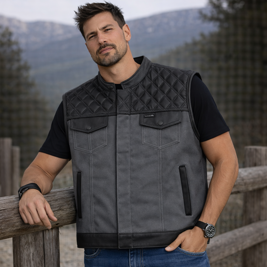 Men Leather Club Vest Diamond Quilted Leather Grey Canvas Vest,Men Biker Leather Vest Motorcycle Rider Waistcoat Gift For Him Gift For Men