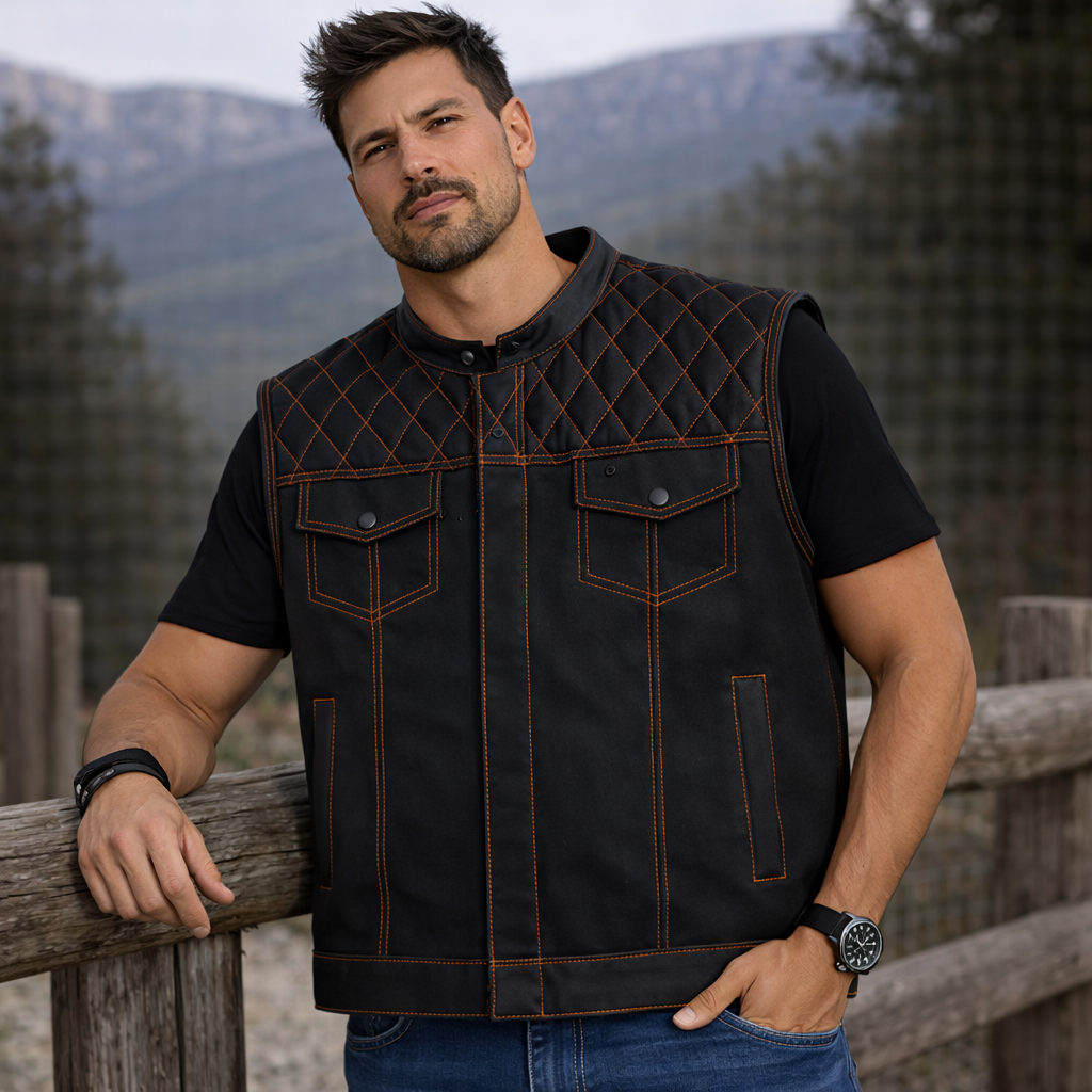 Men Jeans Club Vest Orange Paisley Diamond Quilted Denim Vest,Men Biker Jeans Vest ,Motorcycle Rider Waistcoat- Gift For Him Gift For Men