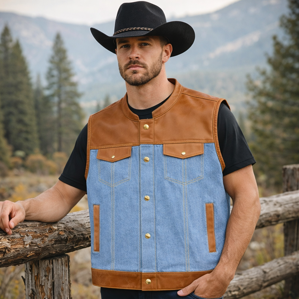 Men Tan Leather Club Vest Blue Jeans Leather Vest Paisley,Men Biker Leather Vest ,Motorcycle Rider Waistcoat Gift For Him Gift For Men