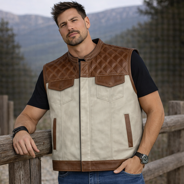 Men Leather Club Brown & Beige Leather Vest Men Biker Leather Diamond Quilted Vest Motorcycle Rider Waistcoat Gift For Him Gift For Men