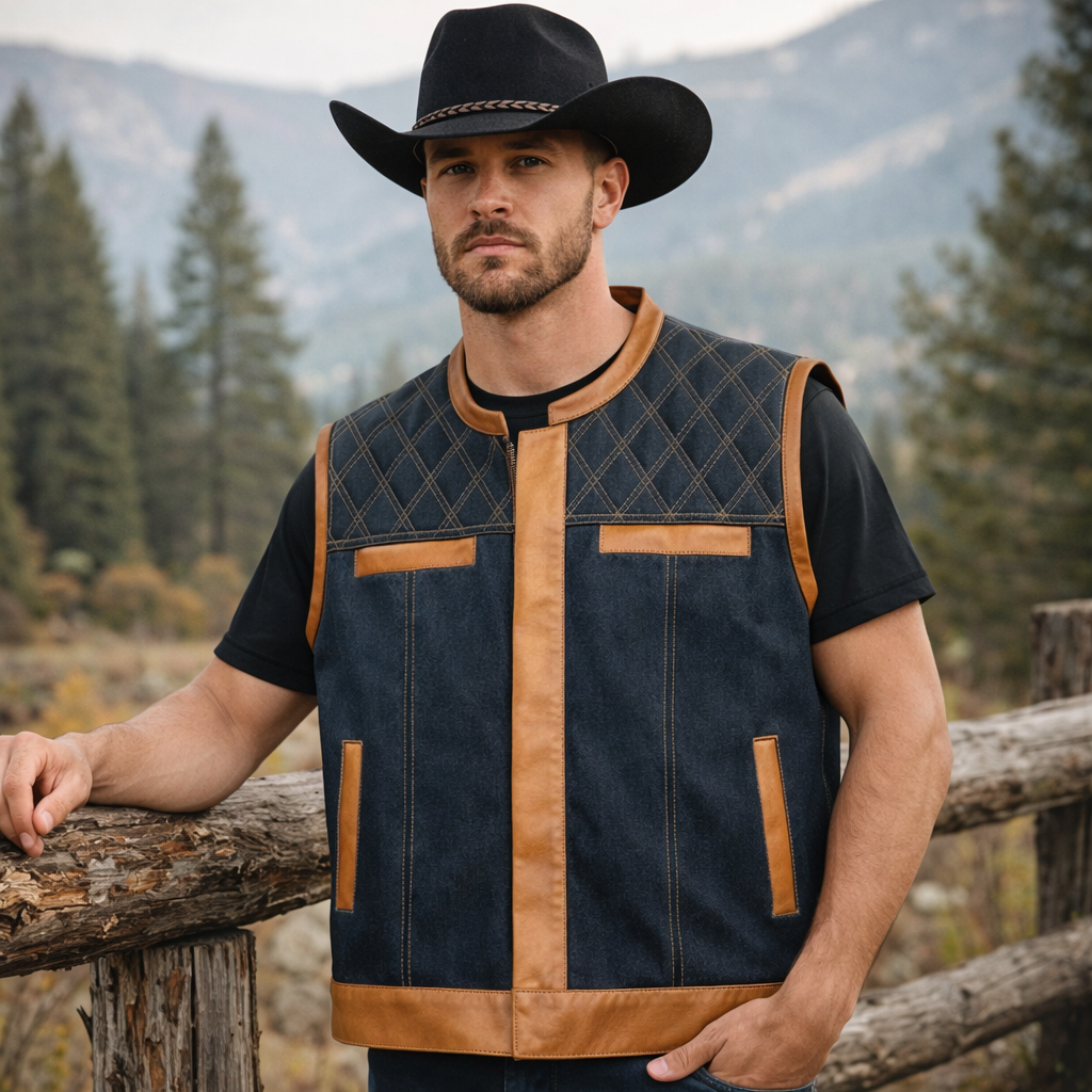 Men Jeans Club Vest Orange Leather SOA Blue Denim Vest,Men Biker Jeans Vest ,Motorcycle Rider Waistcoat- Gift For Him Gift For Men