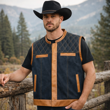 Men Jeans Club Vest Orange Leather SOA Blue Denim Vest,Men Biker Jeans Vest ,Motorcycle Rider Waistcoat- Gift For Him Gift For Men