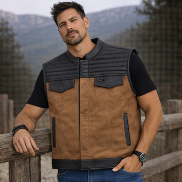 Men Leather Club Vest Tan Canvas Straight Quilted Leather Vest,Men Biker Leather Vest ,Motorcycle Rider Waistcoat- Gift For Him Gift For Men