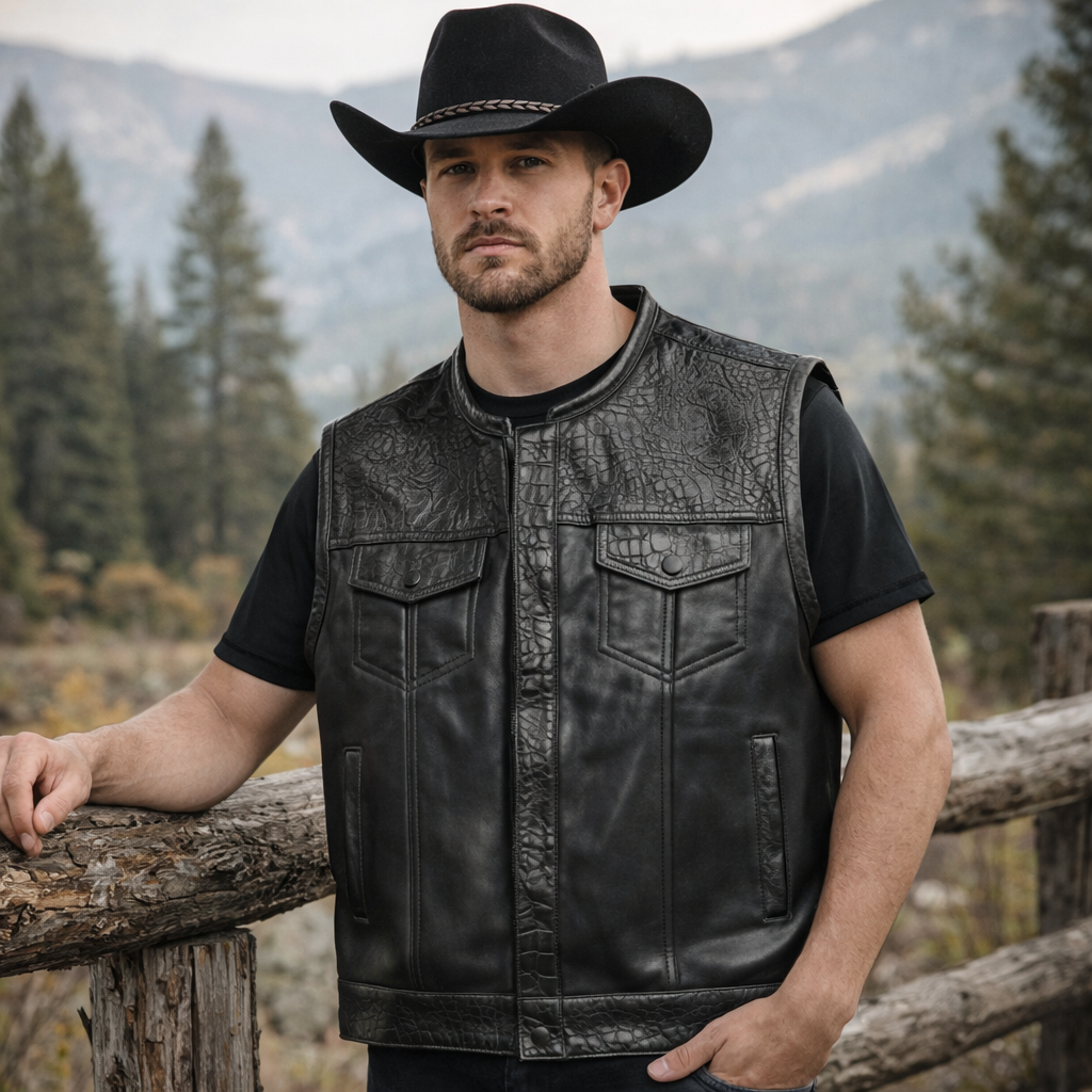 Men Leather Club Vest Crocodile Embossed Western Leather Vest,Men Biker Leather Vest ,Motorcycle Rider Waistcoat- Gift For Him Gift For Men