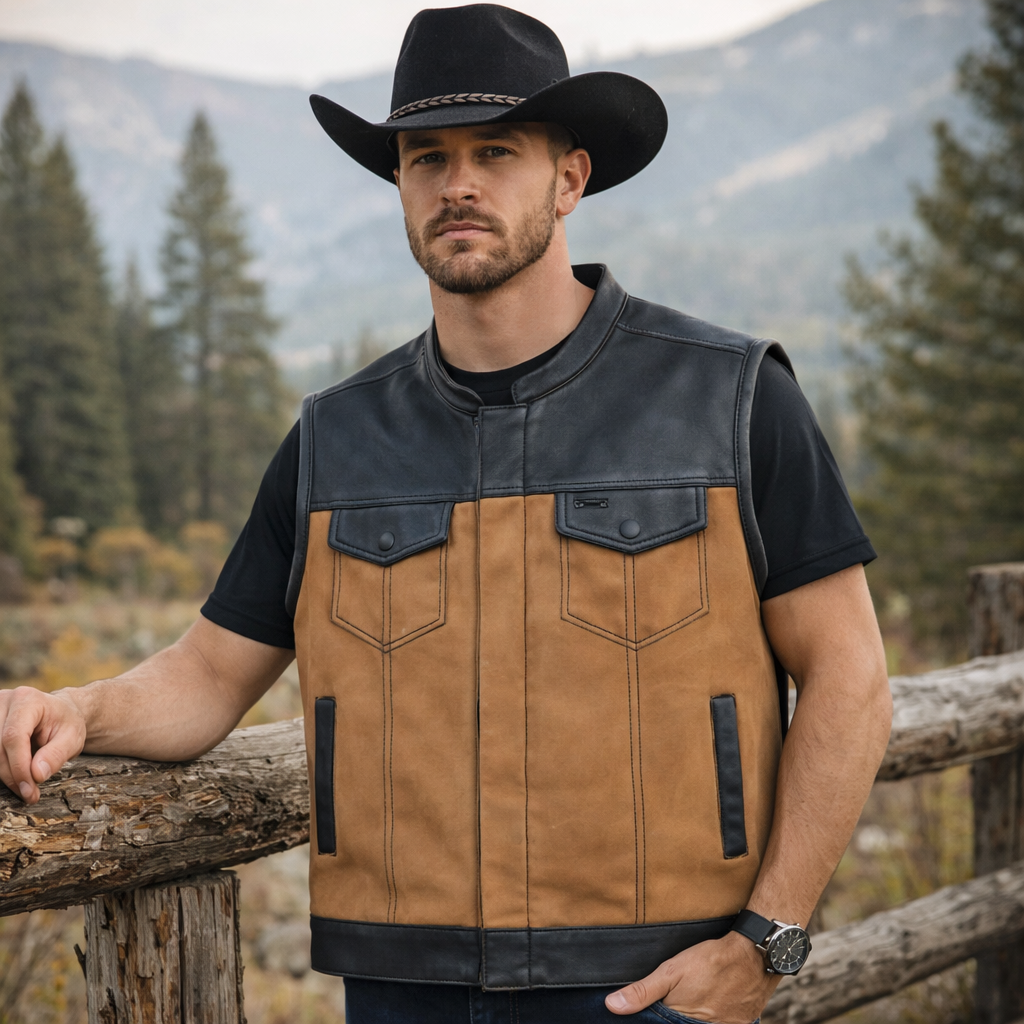 Men Leather Club Vest Tan Canvas SOA Leather Vest,Men Biker Leather Vest ,Motorcycle Rider Waistcoat- Gift For Him Gift For Men