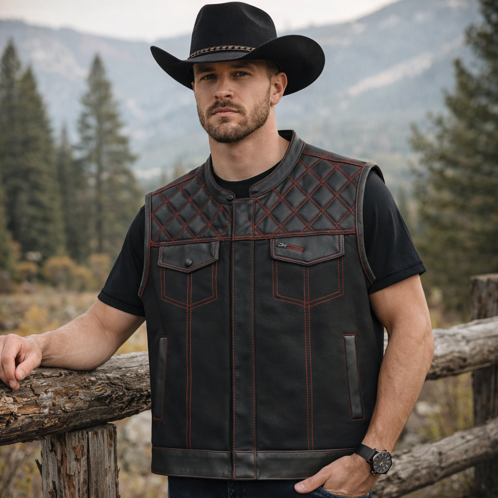 Men Leather Club Vest Diamond Quilted Red Stitch Leather Vest,Men Biker Leather Vest Motorcycle Rider Waistcoat Gift For Him Gift For Men