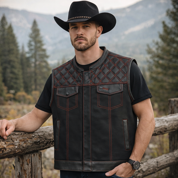 Men Leather Club Vest Diamond Quilted Red Stitch Leather Vest,Men Biker Leather Vest Motorcycle Rider Waistcoat Gift For Him Gift For Men