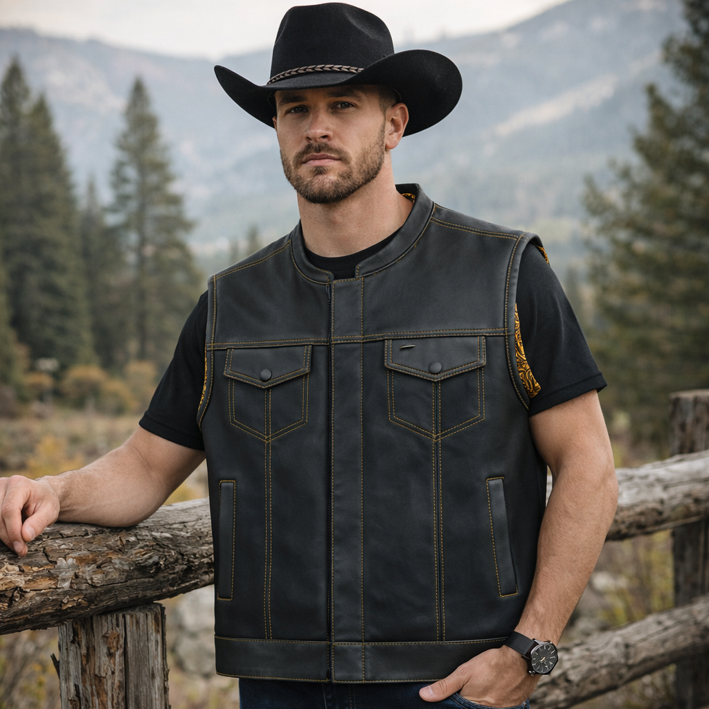 Men Leather Club Vest Cowhide Gold Paisley Lining Leather Vest, Men Biker Leather Vest ,Motorcycle Rider Waistcoat Gift For Him Gift For Men