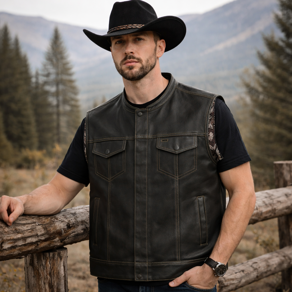 Men Leather Club Black Leather Vest Men Biker Leather Black Paisley Vest Motorcycle Rider Waistcoat Gift For Him Gift For Men