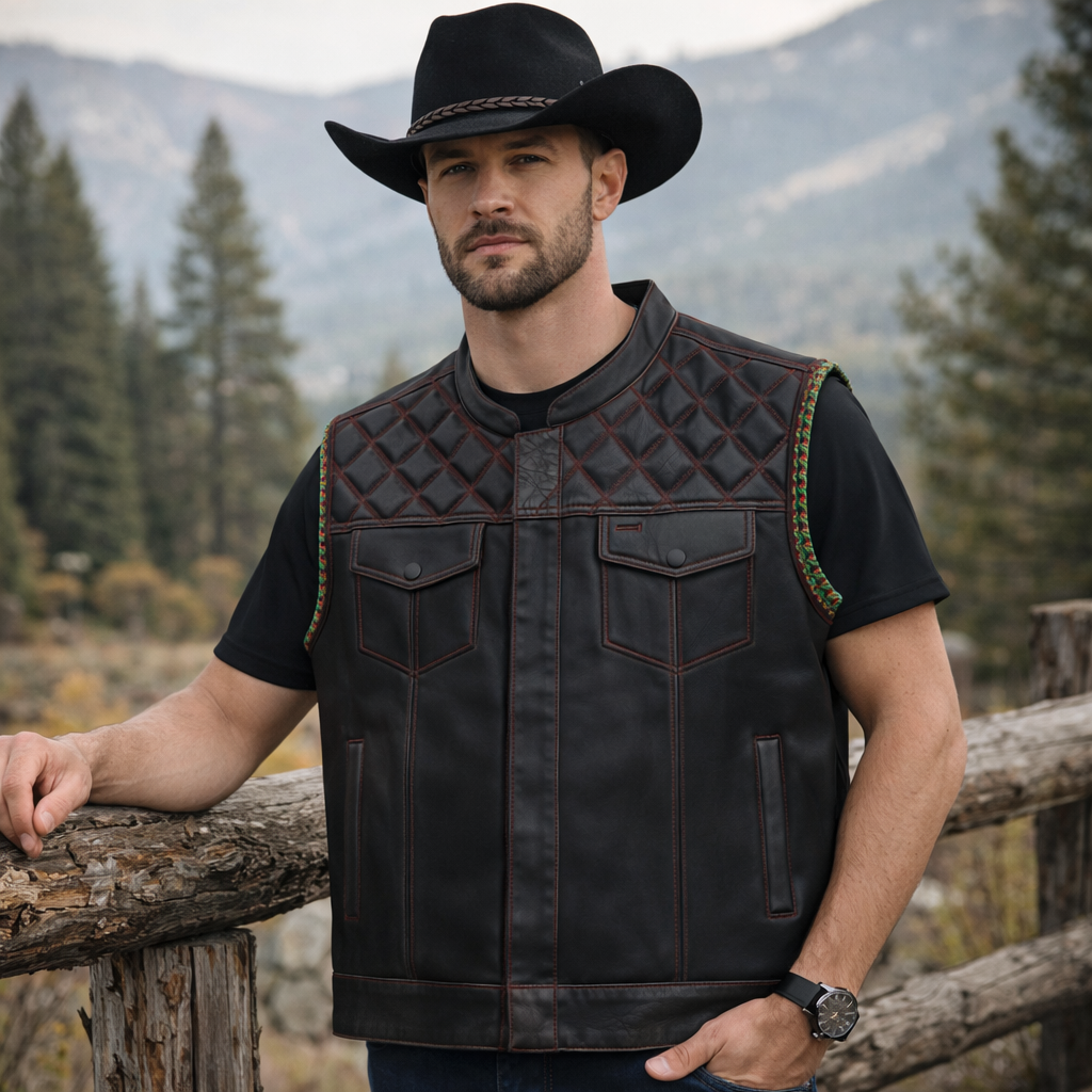 Men Leather Club Black Leather Vest Men Biker Leather Braided Paisley Vest Motorcycle Rider Waistcoat Gift For Him Gift For Men