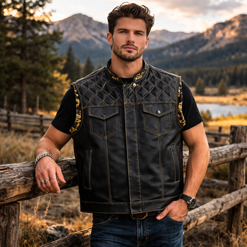 Men Leather Club Black Leather Vest Diamond Quilted Paisley Men Biker Leather Vest Motorcycle Rider Waistcoat Gift For Him Gift For Men