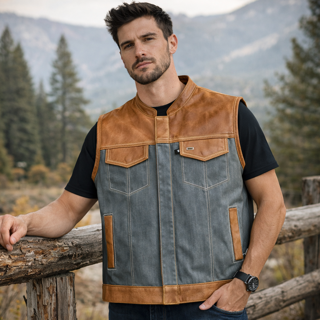 Men Brown wax Leather Club Vest SOA Leather Vest,Men Biker Vest Motorcycle Rider Denim Waistcoat Gift For Him Gift For Men