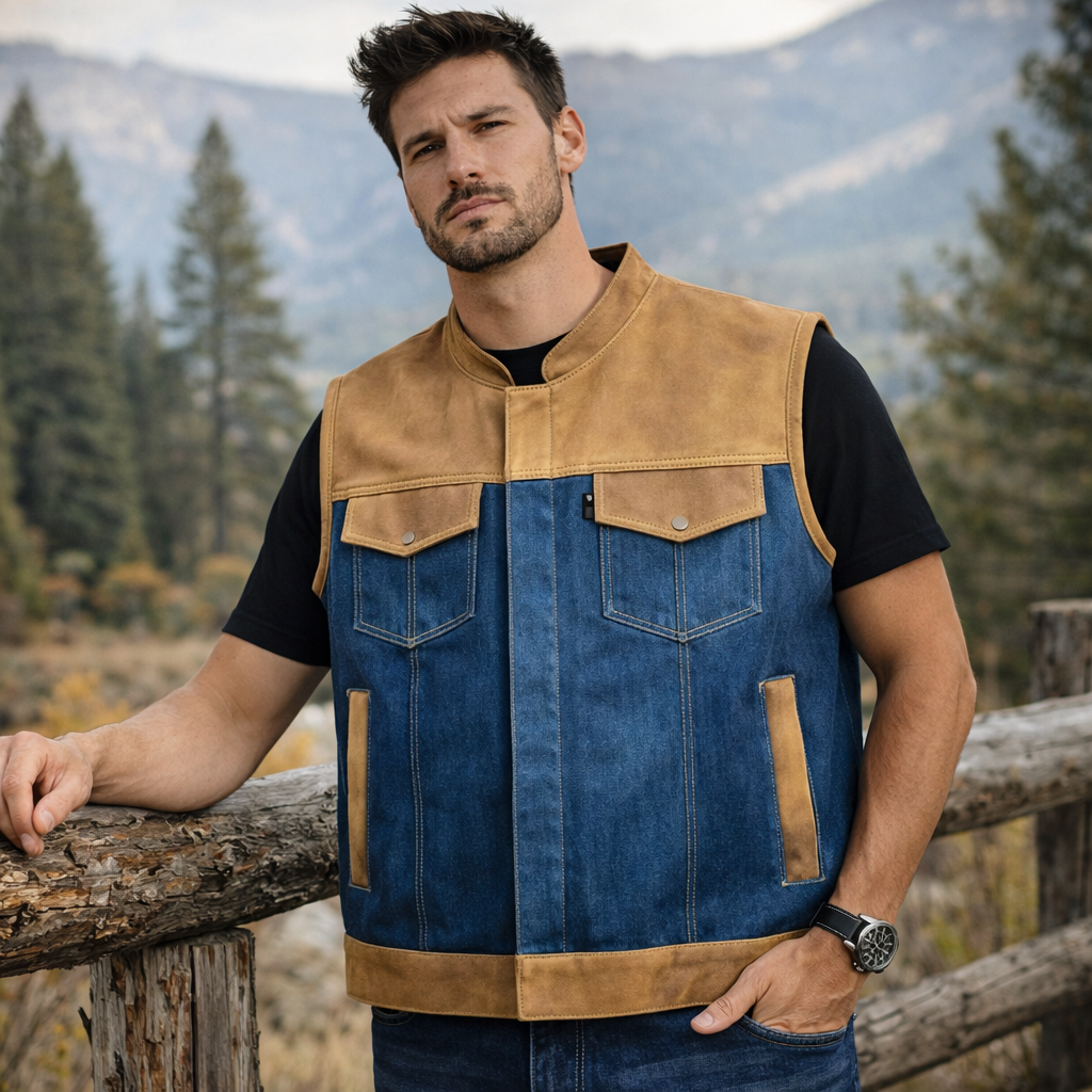 Men Brown Wax Leather Club Vest SOA Leather Vest,Men Biker Vest Motorcycle Rider Denim Waistcoat Gift For Him Gift For Men
