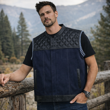 Men Leather Club Vest Cowhide Blue Satin Lining Leather Vest Men Biker Leather Vest,Motorcycle Rider Waistcoat Gift For Him Gift For Men