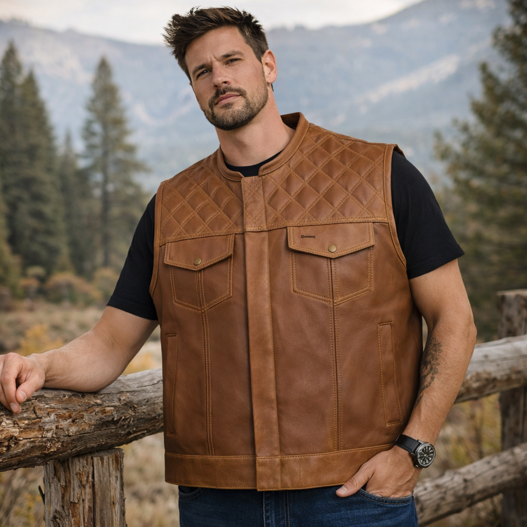Men Brown wax Leather Club Vest Diamond Quilted Leather Vest,Men Biker Vest Motorcycle Rider Denim Waistcoat Gift For Him Gift For Men