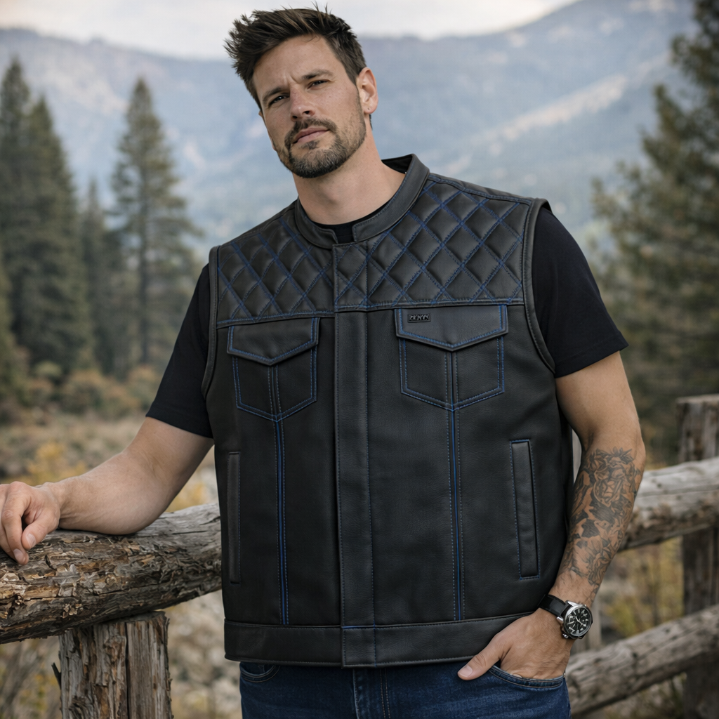 Men Leather Club Vest Blue Diamond Quilted Leather Vest,Men Biker Leather Vest ,Motorcycle Rider Waistcoat- Gift For Him Gift For Men