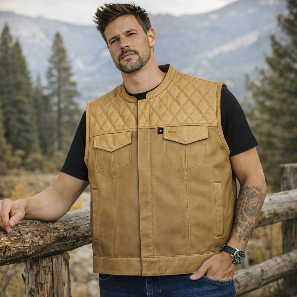 Men Tan Brown wax Leather Club Vest SOA Leather Quilted Vest,Men Biker Vest Motorcycle Rider Denim Waistcoat Gift For Him Gift For Men