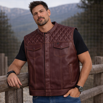 Men Leather Club Maroon Leather Vest Men Biker Leather Red Paisley Diamond Quilted Vest Motorcycle Rider Waistcoat Gift For Him Gift For Men
