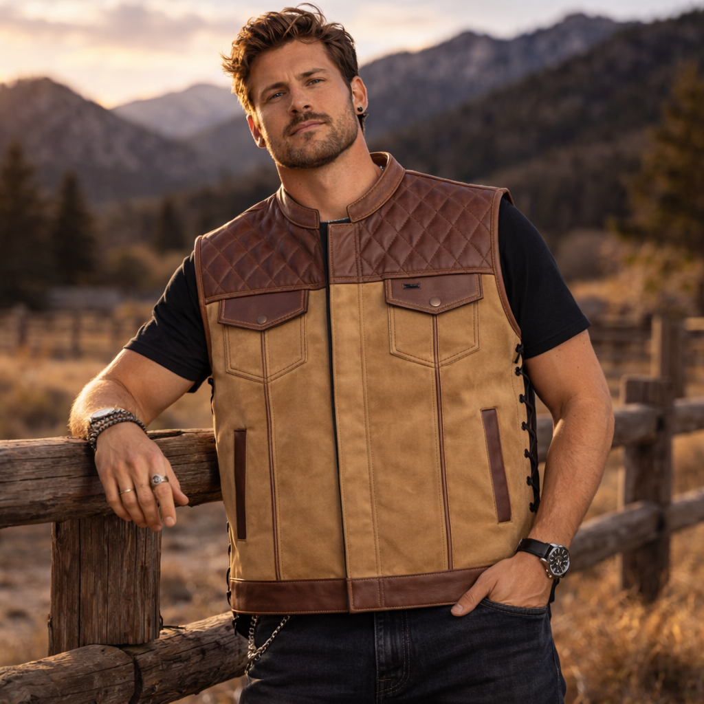 Men Jeans Club Lases Vest Tan Denim SOA Black Paisley Vest,Men Biker Jeans Vest ,Motorcycle Rider Waistcoat- Gift For Him Gift For Men