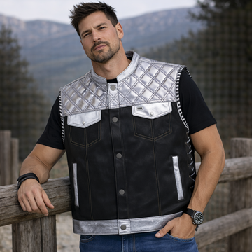 Men Leather Club Vest Diamond Quilted White & Black Leather Vest,Men Biker Leather Vest Motorcycle Rider Waistcoat Gift For Him Gift For Men