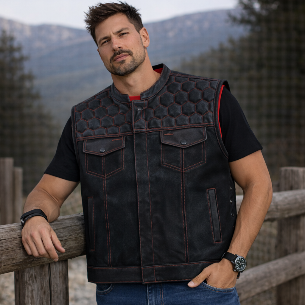 Men Leather Club Vest Honey Grill Quilted Leather Vest,Men Biker Leather Vest Motorcycle Rider Waistcoat Gift For Him Gift For Men