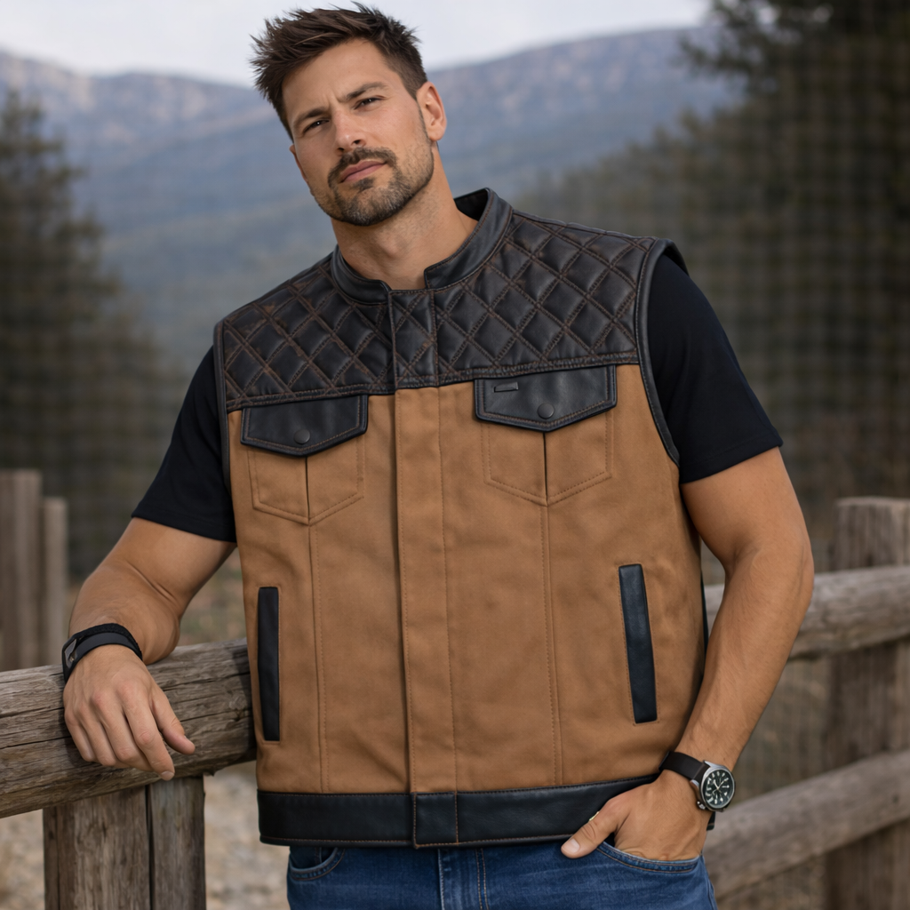 Men Leather Club Vest Diamond Quilted Leather Tan Canvas Vest,Men Biker Leather Vest Motorcycle Rider Waistcoat Gift For Him Gift For Men