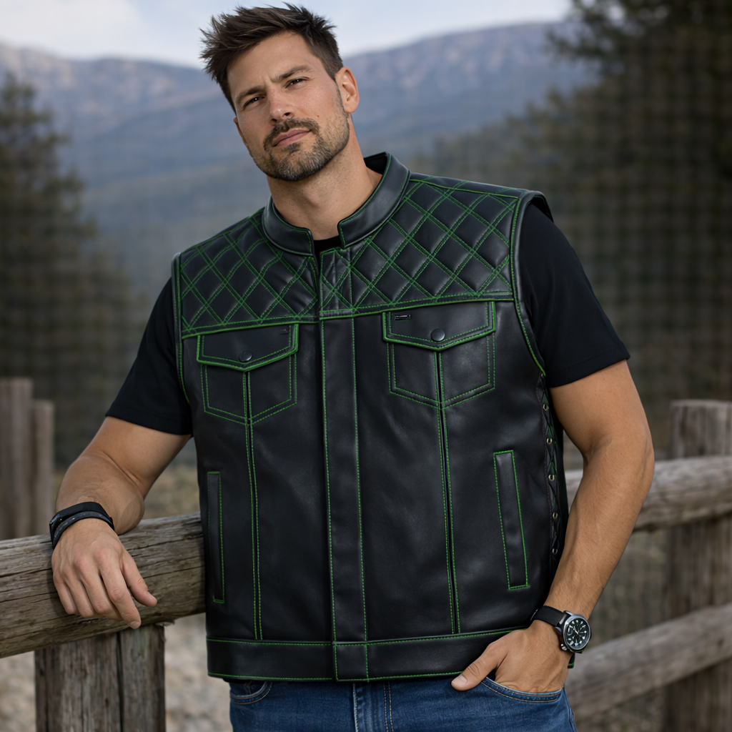 Men Leather Club Vest Green Diamond Quilted Leather Vest,Men Biker Leather Vest ,Motorcycle Rider Waistcoat- Gift For Him Gift For Men