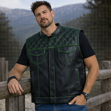 Men Leather Club Vest Green Diamond Quilted Leather Vest,Men Biker Leather Vest ,Motorcycle Rider Waistcoat- Gift For Him Gift For Men