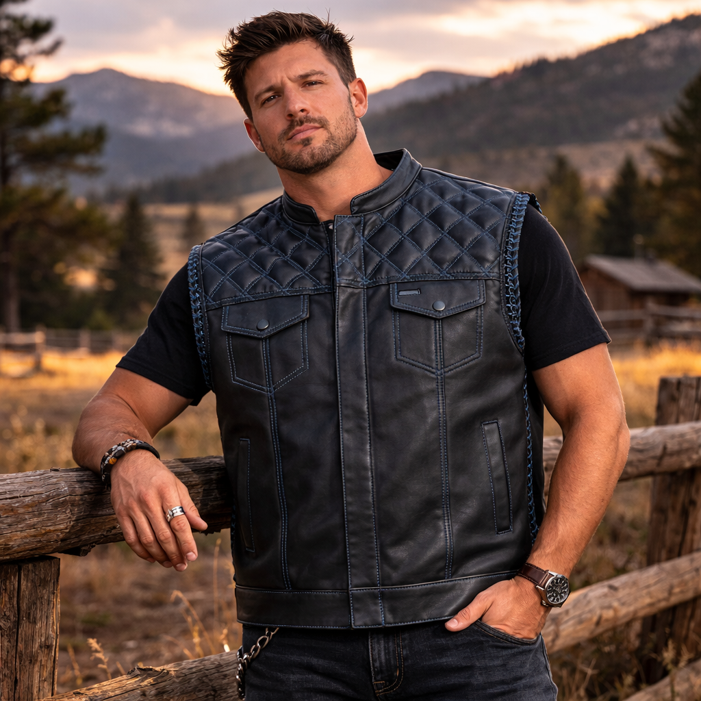 Men Hunter Club Leather Vest Cowhide Leather Vest, Men Biker Leather vest ,Motorcycle vest- Gifts For him