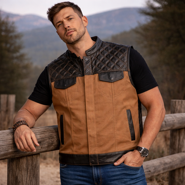 Men's Cowhide Leather Biker Vest, Quilted Design Camo Brown Vest Black Leather Waistcoat SOA Vest Biker Vest Motorcycle Vest
