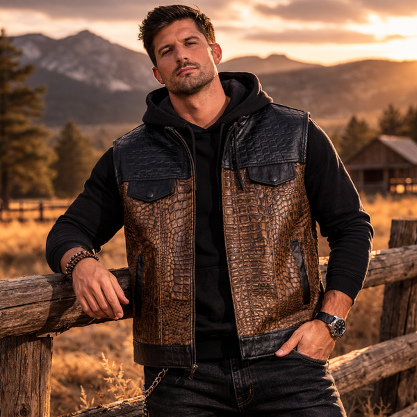 Men Leather Club Vest Crocodile Embossed Western Leather Vest,Men Biker Leather Vest ,Motorcycle Rider Waistcoat- Gift For Him Gift For Men