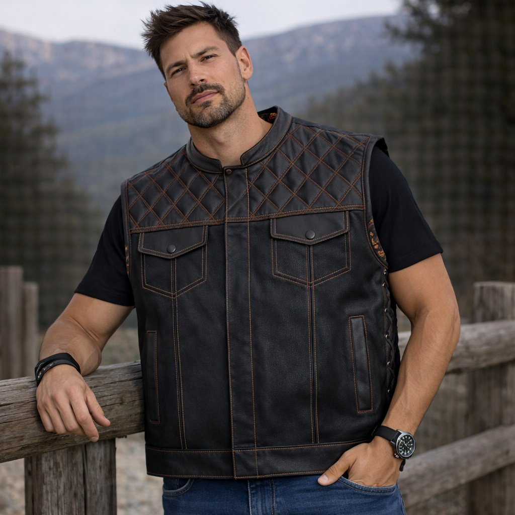 Men Hunter Club Leather Vest Cowhide Leather Vest, Men Biker Leather vest ,Motorcycle vest- Gifts For him