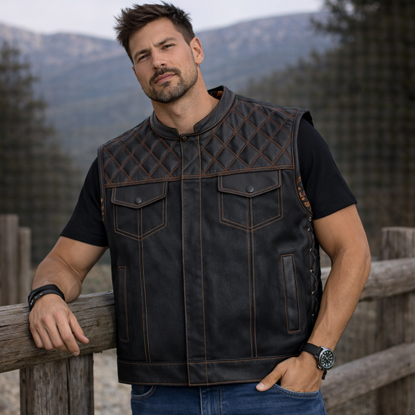 Men Hunter Club Leather Vest Cowhide Leather Vest, Men Biker Leather vest ,Motorcycle vest- Gifts For him