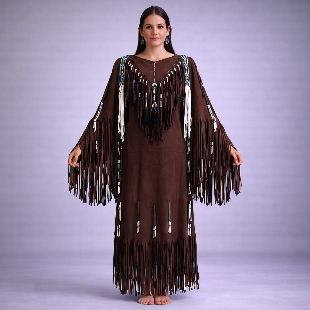 Native American Powwow Wedding Dress Womens Brown Beaded Fringe Indige – Fashion and Marks