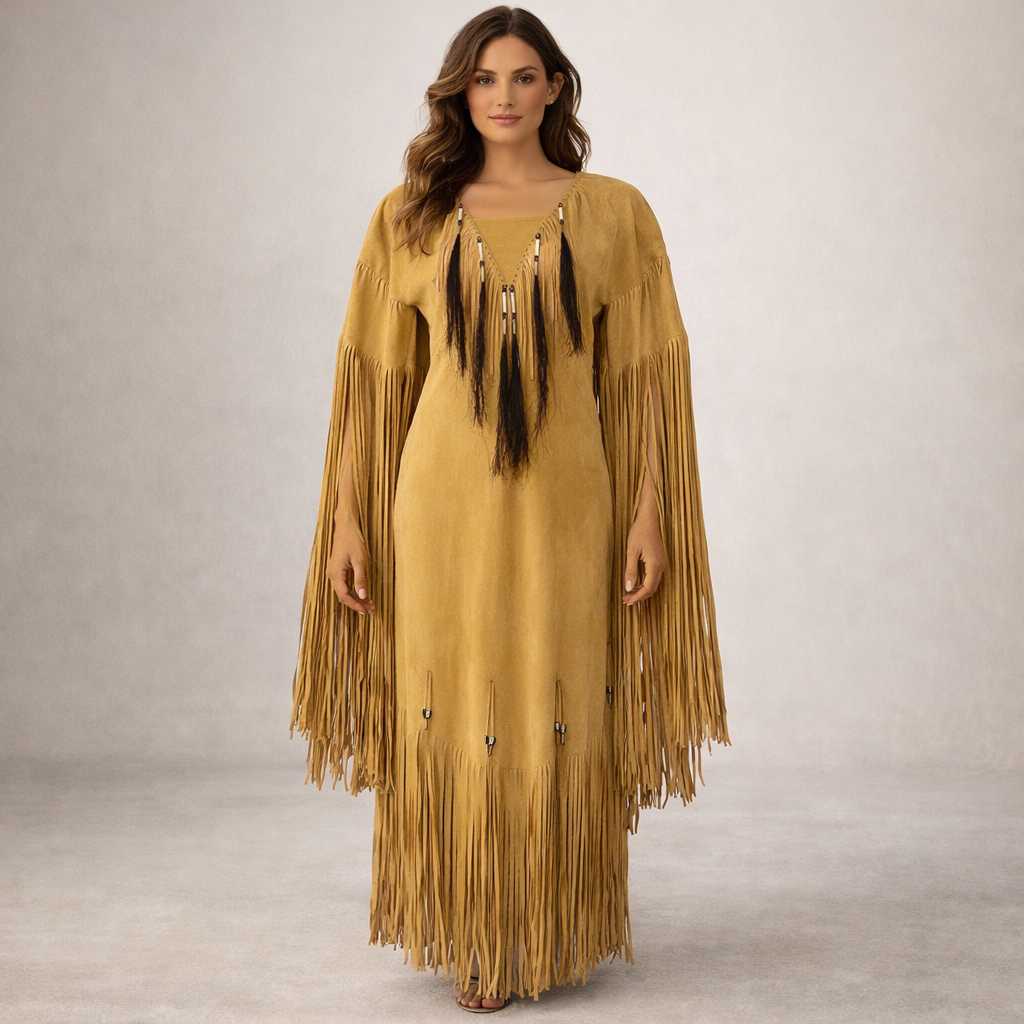 Native American Powwow Wedding Dress Women's Tan Beaded Fringe Indigenous WD222