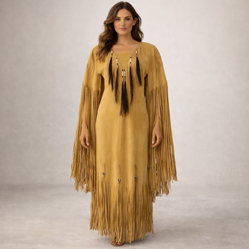 Native American Powwow Wedding Dress Women's Tan Beaded Fringe Indigenous WD222