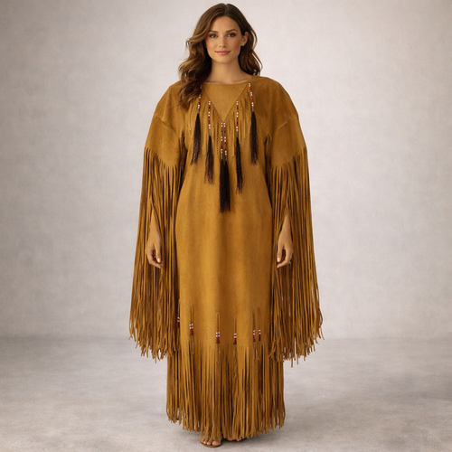 Native American Powwow Wedding Dress Women's Tan Beaded Fringe Indigenous WD236