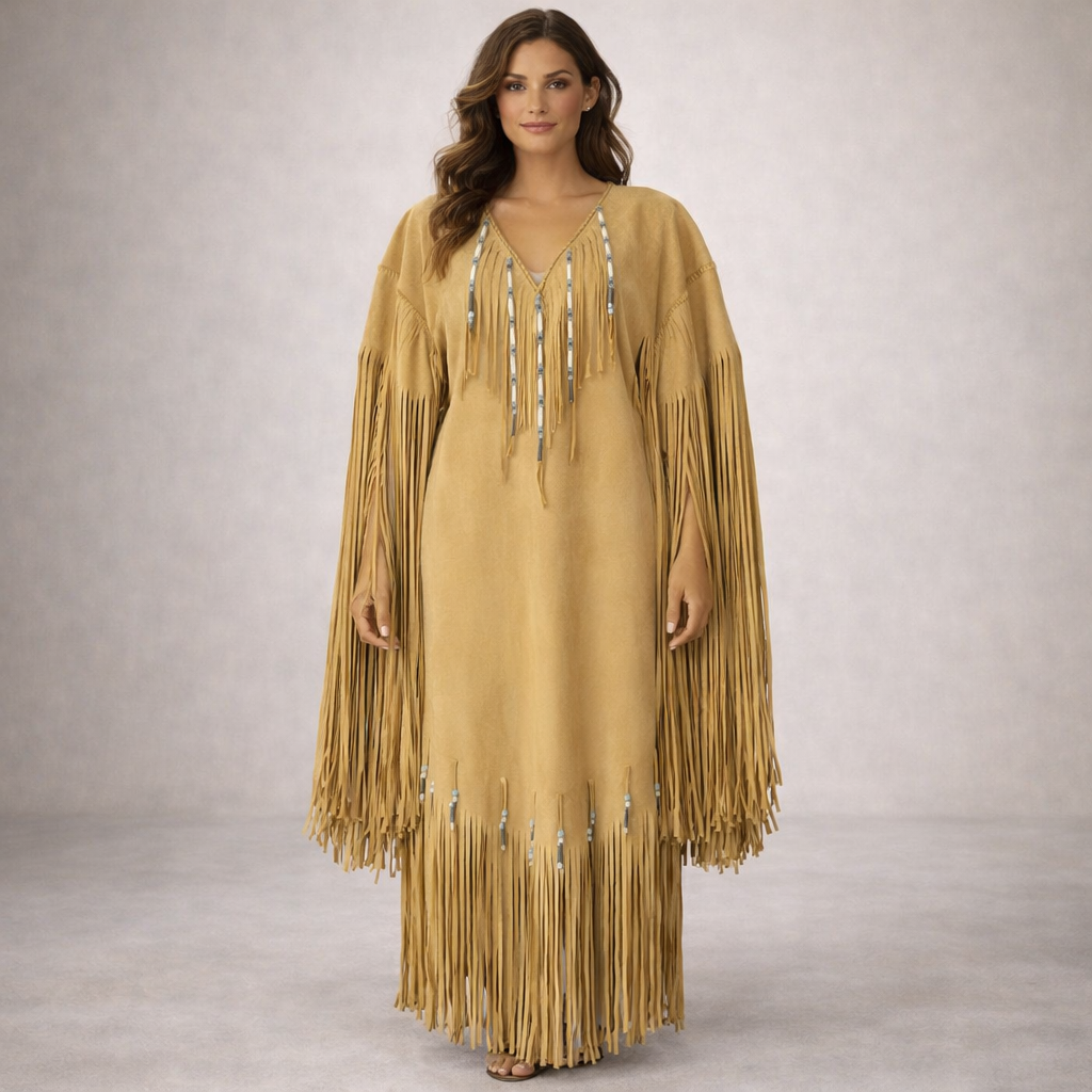 Native American Powwow Wedding Dress Women's Tan Beaded Fringe Indigenous WD223