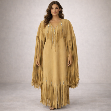 Native American Powwow Wedding Dress Women's Tan Beaded Fringe Indigenous WD223