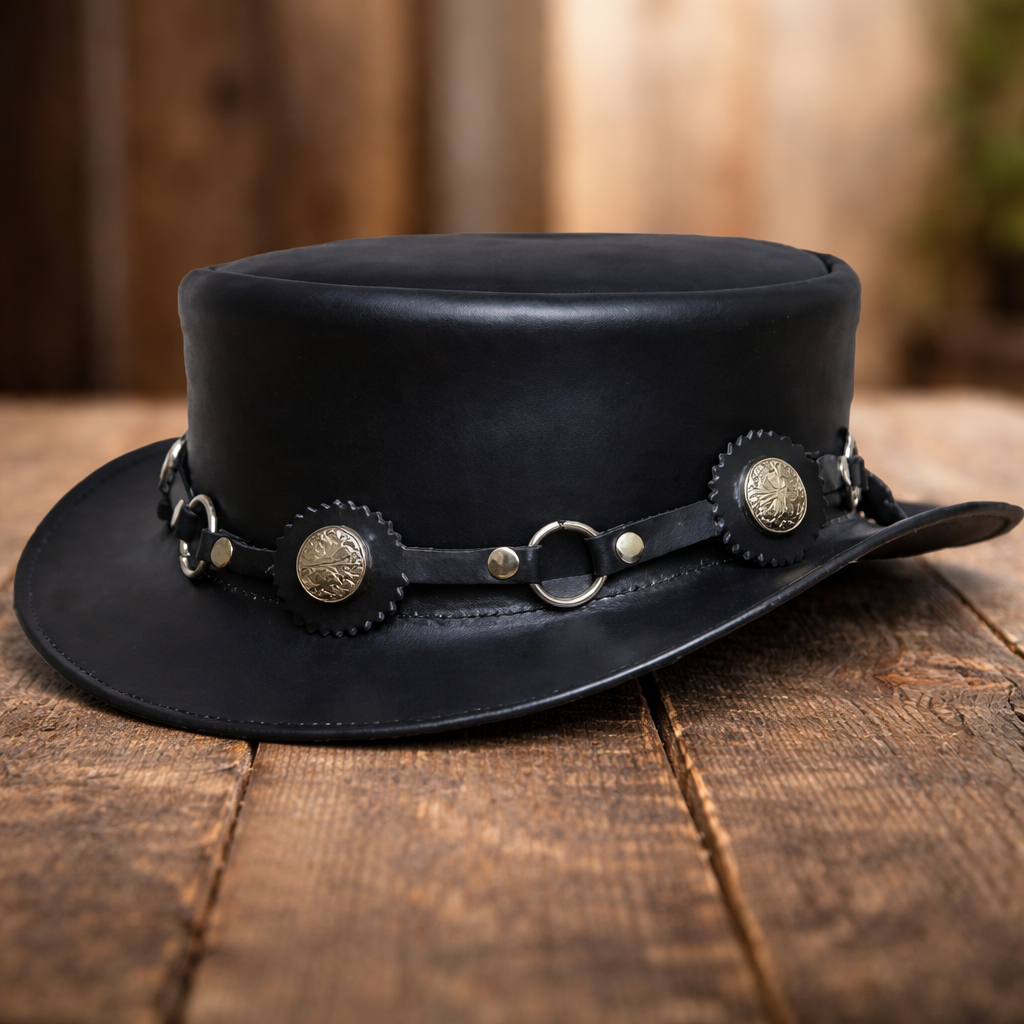 Short Crown Steampunk Leather Top Hat Handmade with 100% Genuine Leather