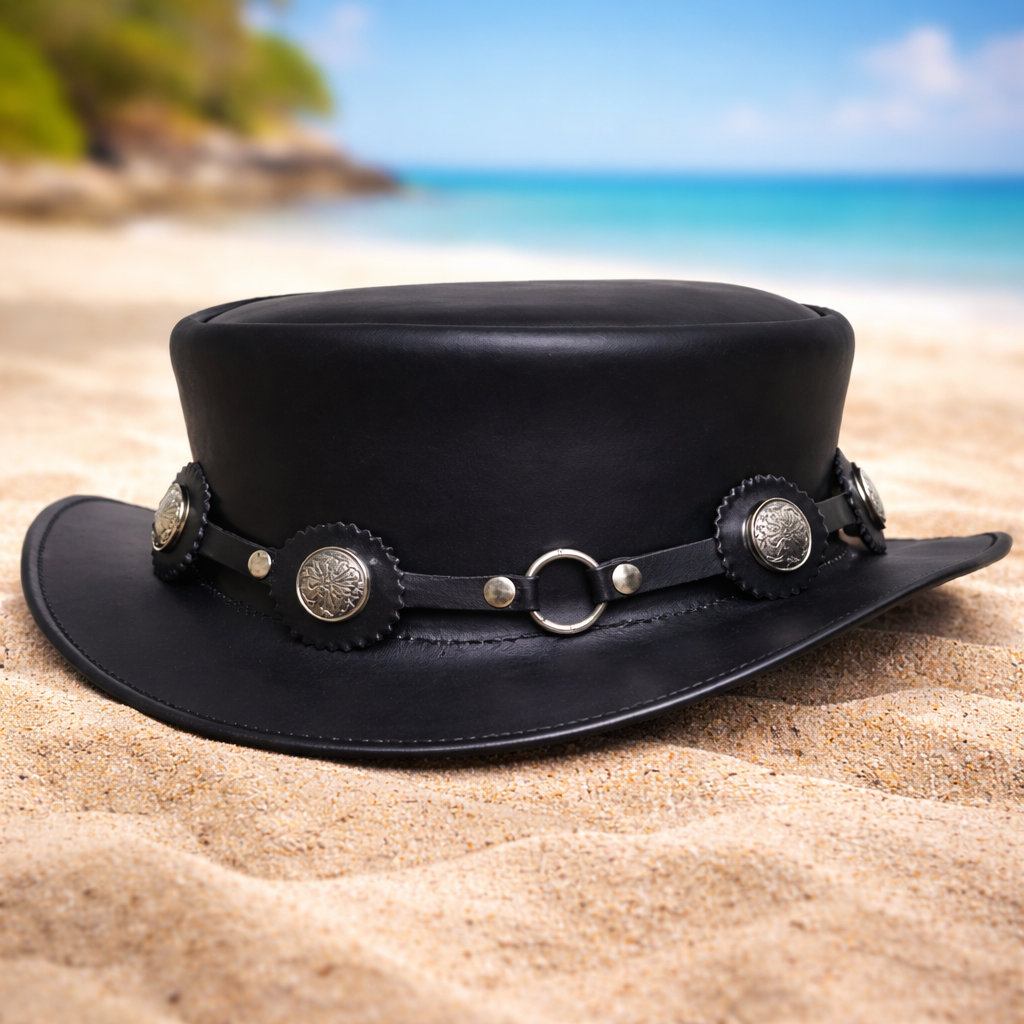 Short Crown Steampunk Leather Top Hat Handmade with 100% Genuine Leather